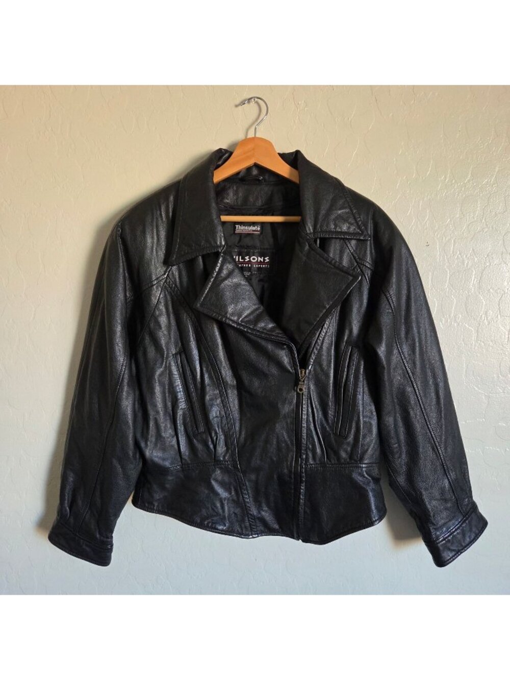 Wilsons Leather Black Crop Biker Motorcycle Jacket Women's Large Removable Liner